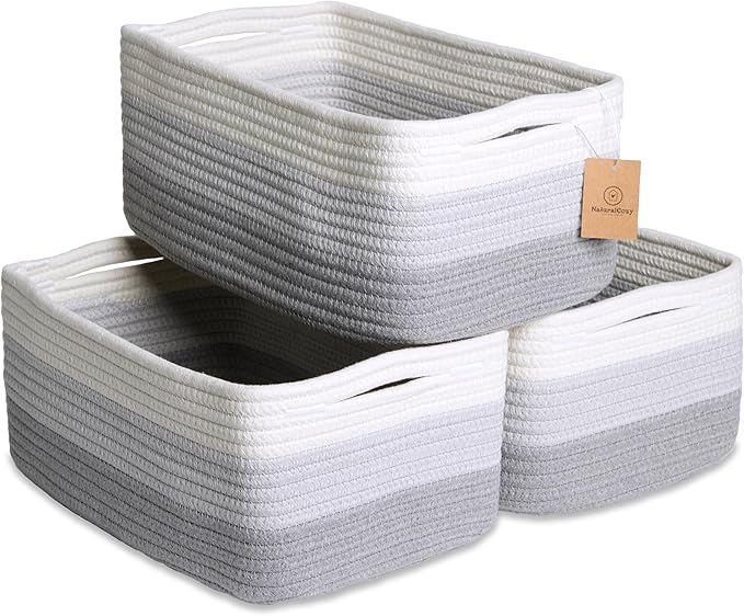 NaturalCozy 13.5”x8.5”x5.5” Rectangle Storage Baskets for Shelves 3 Pack | Cotton Rope Woven Small Baskets for Organizing | Small Storage Bins for Nursery, Bathroom, Closet, Shelf, Decorative-Ruum Studio Home
