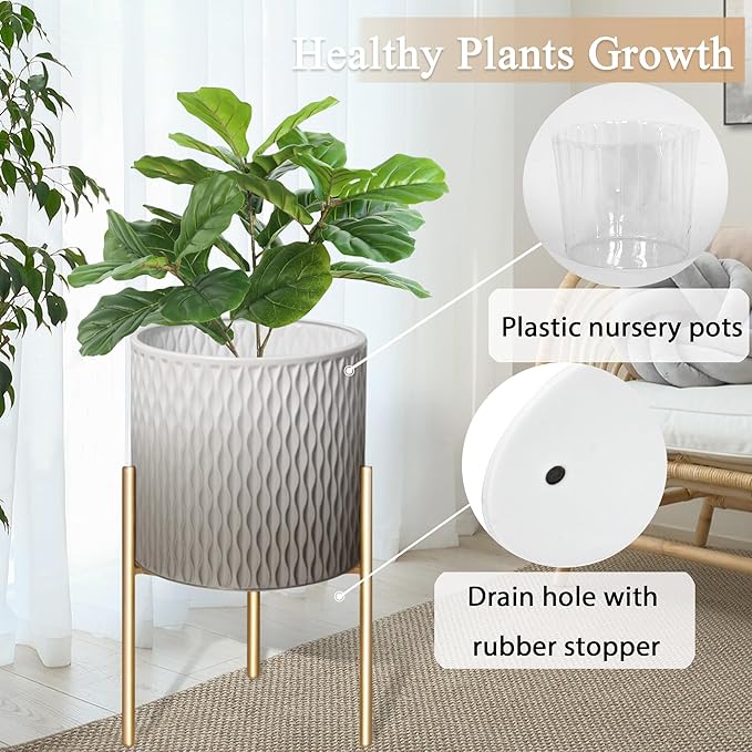 ARNIS Plants Pots with Stand,Set of 2 Flower Pots, Unique Mid Century Decorative Metal Flower Pots with Drainage,10.5&12.25 Inch, Grey and White-Ruum Studio Home