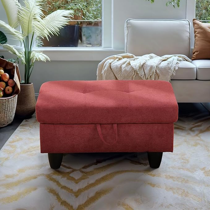 Ottoman Rectangular Storage Ottoman Bench, Flannel Footrest Stool Footstool with Lid for Living Room, Bedroom, Entryway, Red, 28.5"x19"x17.5"-Ruum Studio Home