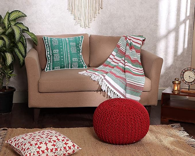 REDEARTH Round Pouf Ottoman - Hand Knitted Cable Boho Poof - Foot Stool Bean Bag - Home Décor Stuffed Footrest for Living Room - Nursery - Bedroom - 100% Cotton Poufs (19.5"x19.5"x14") - Red-Ruum Studio Home