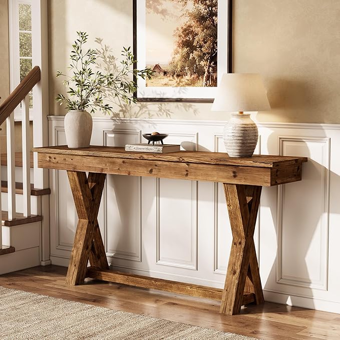 Solid Wood Console Table, 63-Inch Farmhouse Entryway Table with X-Shaped Legs, Real Wood Behind The Couch Table for Living Room, Entrance, Hallway, Easy Assembly-Ruum Studio Home