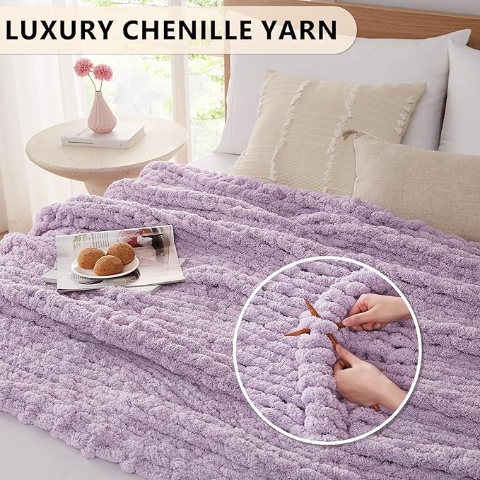 L Agusty Chunky Knit Blanket Throw: 72''x84'' Chenille Thick Knitted Throw Blanket for Bed, Couch - Handmade Large Purple Chunky Rope Blanket for Home Decor-Ruum Studio Home