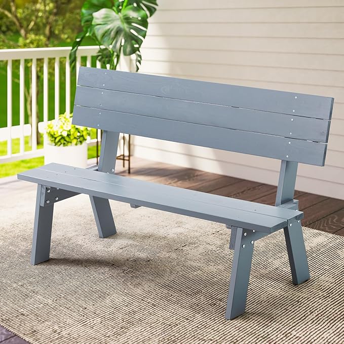 AVAWING Outdoor Convertible Wood Bench with Backrest, Patio Wood Convert a Bench, Space-Saving 2-in-1 Picnic Table Chairs Set for Backyard, Porch, Patio, Garden, Grey-Ruum Studio Home