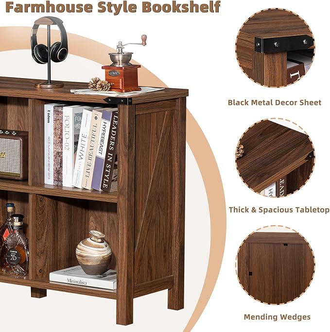 Farmhouse 6 Cube Book Shelf, Wood 3 Tier Storage Organizer Bookshelf, Brown Walnut 47" Horizontal Cubby Bookcase with Legs, Rustic Entryway Book Case, Long Display Cabinet for Bedroom, Office-Ruum Studio Home