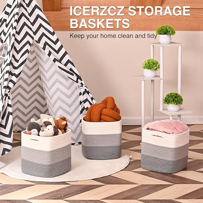 11 Inch Cube Storage Bins, Storage Cube Organizer Bins, Woven Cotton Rope Basket for Storage, Storage Baskets for Organizing Shelves, Grey Baskets for Toys, Gradient Grey (Pack of 3)-Ruum Studio Home