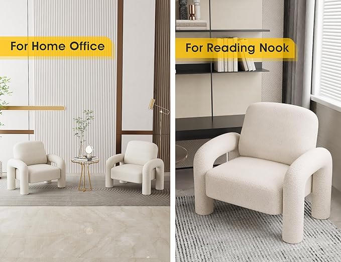 Modern Sherpa Accent Chair, Teddy Upholstered Arm Single Sofa, Cozy Fluffy Reading Chair for Living Room, Bedrooms, Corner (Cream White)-Ruum Studio Home
