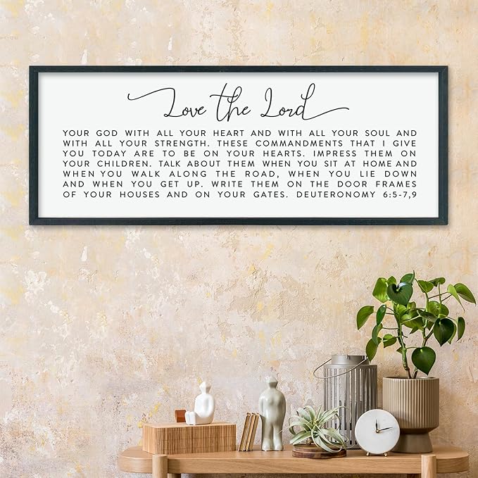 LuZhiQiang Love The Lord Your God With All Your Heart Wall Decor Art 40"×15" Deuteronomy 6:5-7, 9 Scripture Sign Bible Verse Large Wood Framed Wall Hanging (Black)-Ruum Studio Home