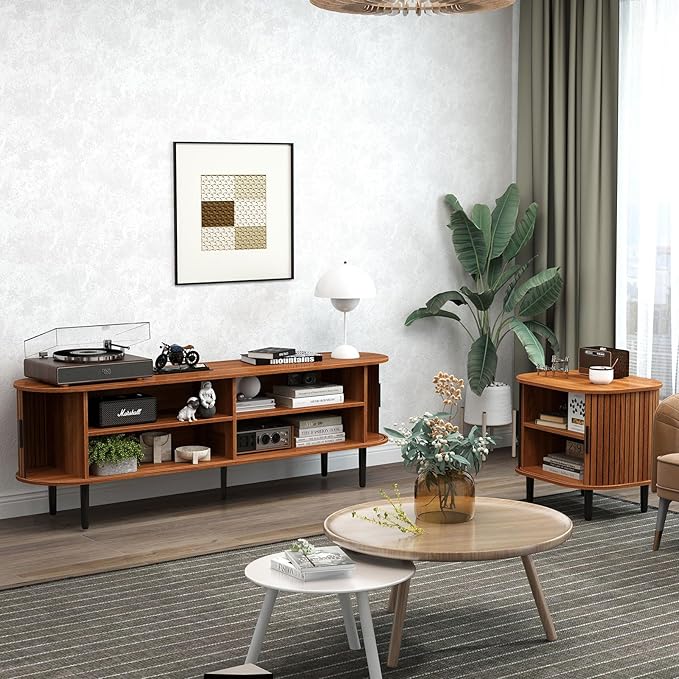 Bonzy Home 70" Mid Century Modern TV Stand, Tambour Entertainment Center with Storage, Long Media Console Television Stand with Metal Legs for up to 75'' TV, Walnut-Ruum Studio Home