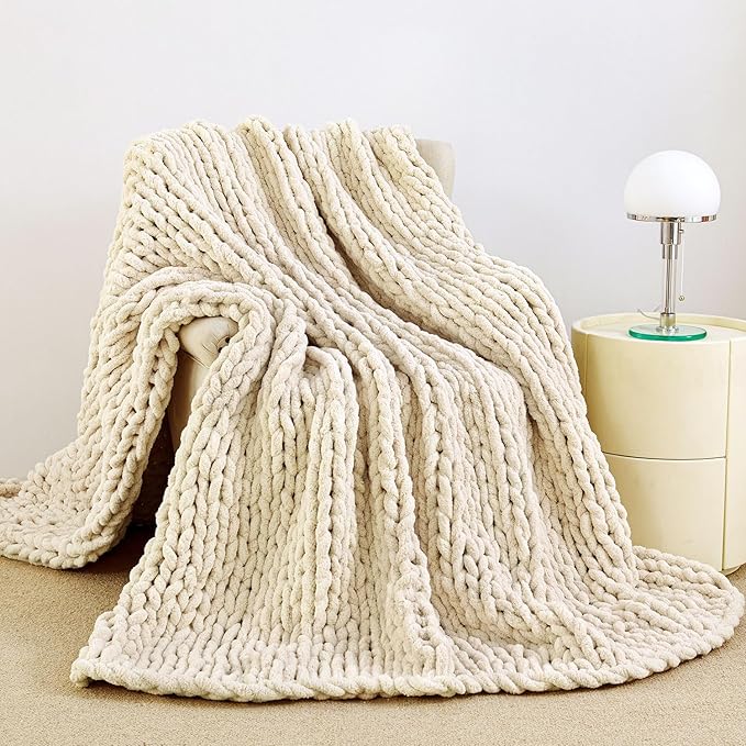 Admitrack Chunky Knit Blanket Throw 51"x63", 100% Hand Knit Chenille Throw Blanket for Sofa & Home Decor, Soft and Cozy Knitted Throw Blankets (Ivory，51"x63")-Ruum Studio Home