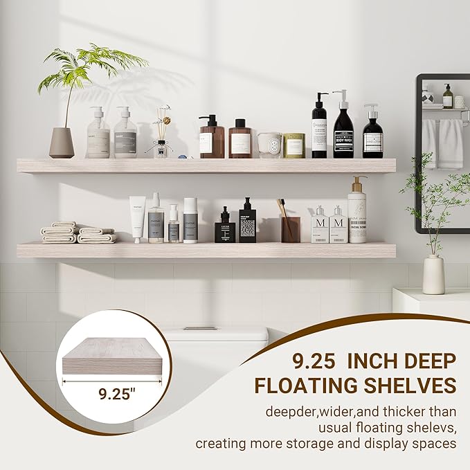 48 Inch Floating Shelves, 3D Textured Wood Grain, 48"x9.25"x1.5" Inch Deep Floating Shelves for Wall, Wooden Shelves for Bathroom, Bedroom, Living Room, Washed White-Ruum Studio Home