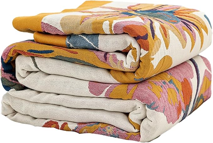 Boho Throw Blanket for Bed 80”x90”, 100% Cotton Woven Blanket for Couch Sofa, Ultra Soft 4-Layer Muslin Quilt with Vintage Floral Printed, Farmhouse Bed Blanket/Cover for Living Room Decor-Ruum Studio Home
