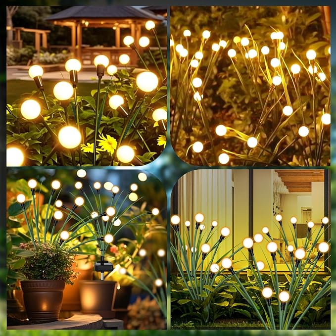 luckystyle Solar Garden Lights 4 Pack,2 Lighting Modes Fairy Lights with Artificial Green Leaves & Branches,32 LED Big Bulb Solar Lights Outdoor Waterproof Firefly Light for Yard Pathway Patio Decor-Ruum Studio Home