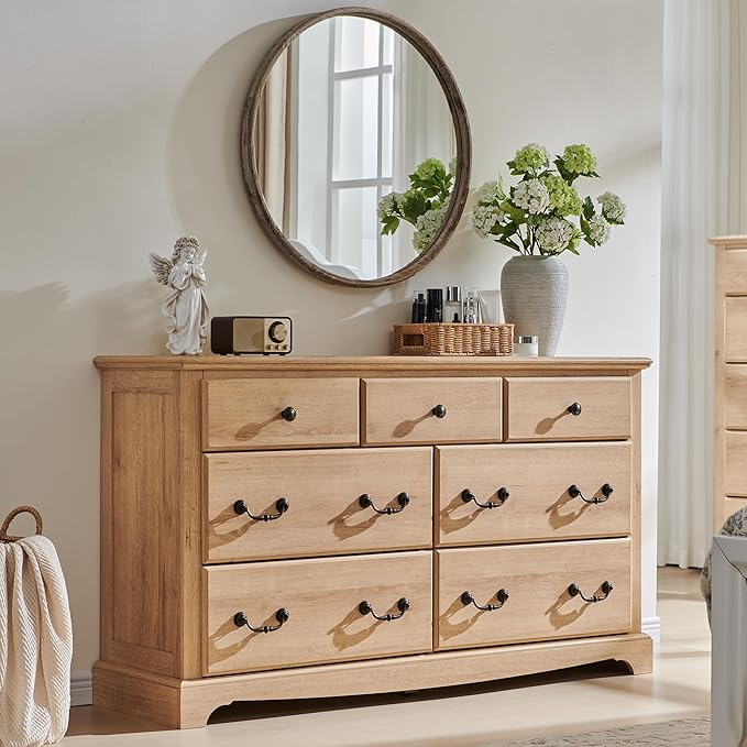 T4TREAM 7 Drawers Dresser Chests for Bedroom, Wood Vintage Chests of Drawers, Rustic Dressers Chset Organizer for Bedroom, Living Room, Hallway, Natural Oak-Ruum Studio Home
