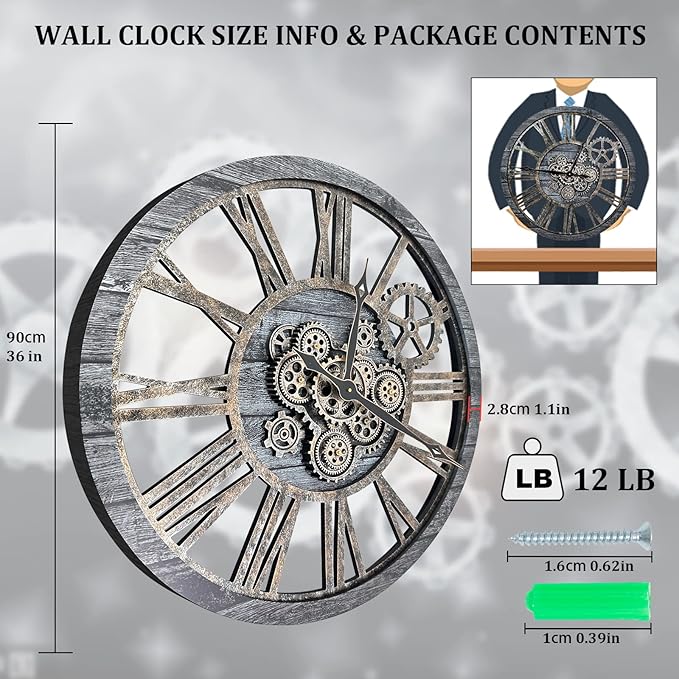 HOIBAI Large Wall Clock, Wall Clocks for Living Room Decor 36 Inch Farmhouse Vintage Rustic Kitchen Wall Decor Vintage Roman Oversized Wall Clock for Home Bedroom House, Moving Gears Clock-Ruum Studio Home
