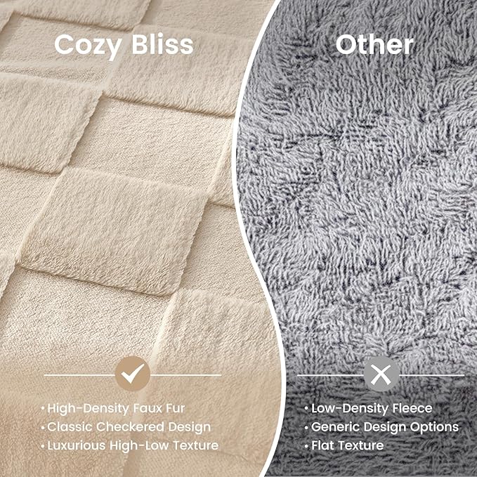 Cozy Bliss Checkered White Faux Rabbit Fur Throw Blanket, Soft Fuzzy Fluffy Minky Cream Furry Blankets for Couch, Bed (Tan, Queen(90" x 90")-Ruum Studio Home