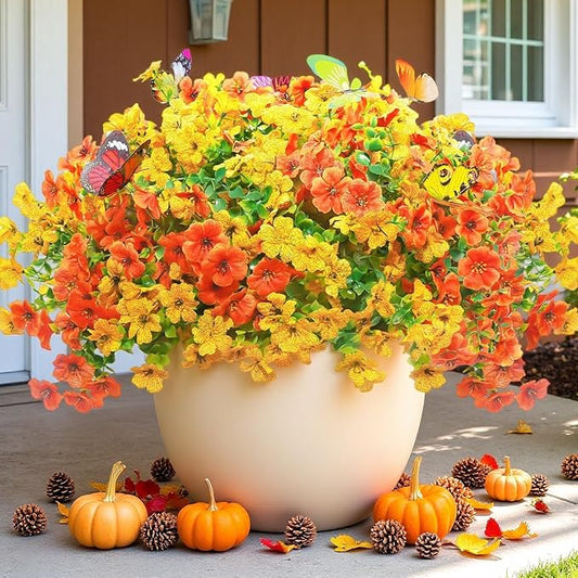 ‌20 Bundles Artificial Flowers for Outdoors‌ with 6 Faux Butterflies, UV Resistant ‌Fake Flowers‌ with Eucalyptus Leaves, ‌Artificial Plants Outdoor‌ for Patio Garden Porch Home Decor (Orange Yellow)-Ruum Studio Home