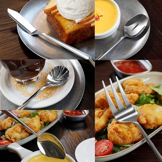 Silverware Serving Set 5-Piece Mirror Polished Stainless Steel Flatware Thick Handle Hexagon Cutlery Serving Utensils Set-Ruum Studio Home