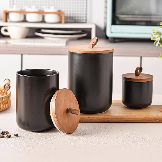 Black Ceramic Canister Set with Bamboo Lids, 3-Piece Airtight Food Storage Jars for Kitchen - Flour, Sugar, Coffee, Tea, Spice - Small, Medium, Large Sizes-Ruum Studio Home