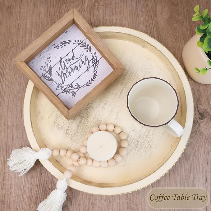 Round Wood Serving Tray with Beads, Yellow Washed Wooden Decorative Tray for Entertaining, Decoration, and Gifting-Ruum Studio Home