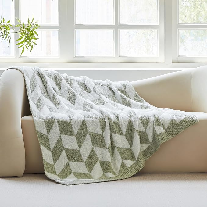 Snuggle Sac Sage Green Bedding Blankets Twin Size, Super Soft Warm Blankets Oversized Cozy Knit Fuzzy Blanket for Living Room, Chevron Green,60x80 inches-Ruum Studio Home