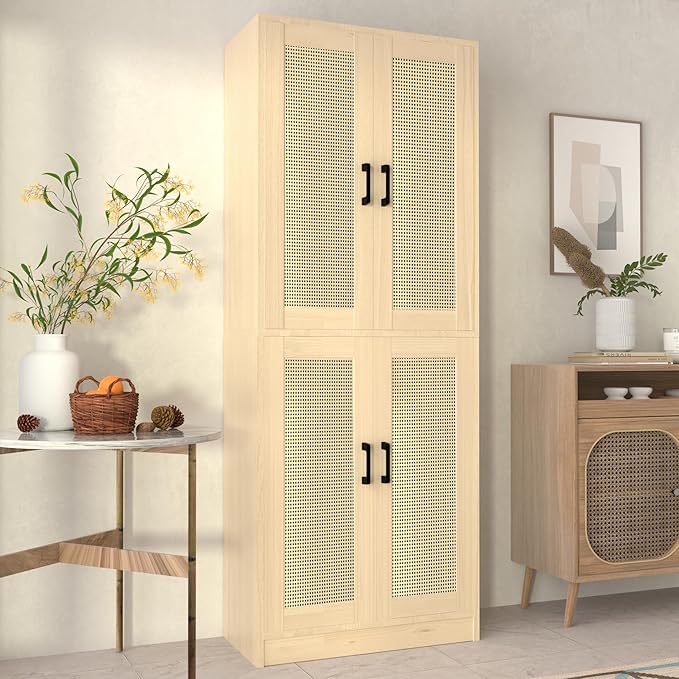 Oak Rattan Kitchen Pantry, 71" Tall Storage Cabinet with Doors, Boho Hutch for Dining Room-Ruum Studio Home