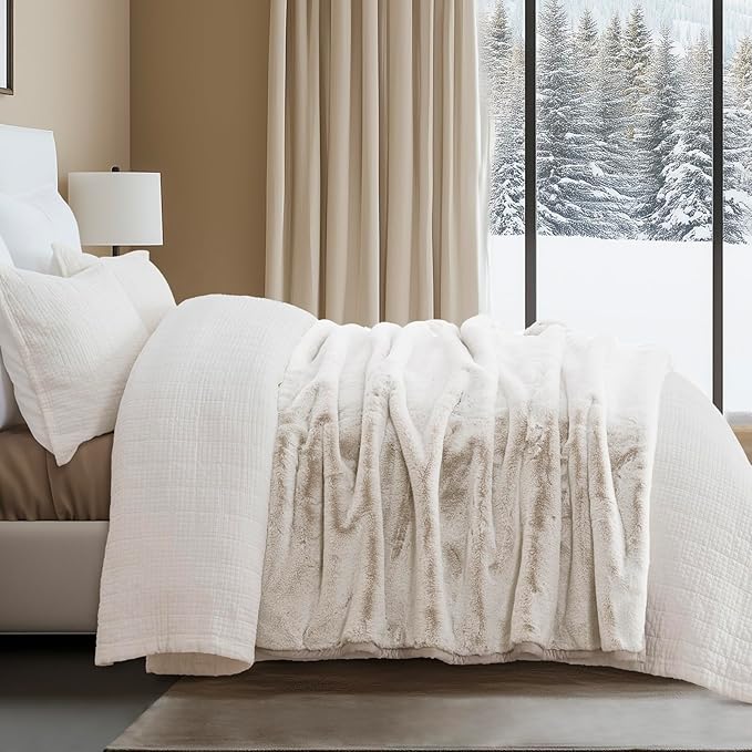 Ultra Soft Luxury Fluffy Mink Faux Fur Throw Blanket, Thick Warm Fall Winter Blankets for Bed, Couch, Cozy Plush Reversible Blanket for Chair, Sofa (Tipped Champagne Ivory, 50"x60")-Ruum Studio Home