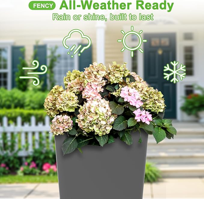 FENCY Set of 2 Tall Planters for Outdoor Plants, 24 Inch Large Tapered Pots with Drainage Trays, Weather-Resistant Plastic Plant Containers for Patio, Porch, Garden, Front Door Decor,Gray-Ruum Studio Home