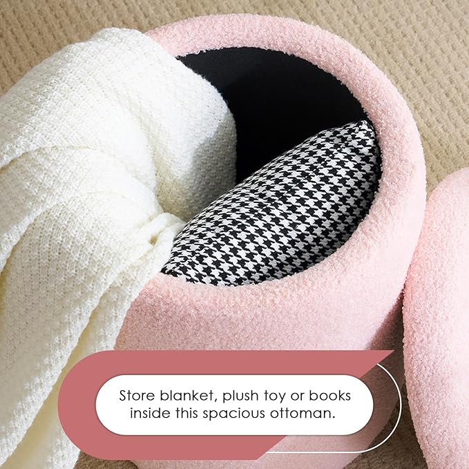 YFO Round Ottoman with Removable Lid Upholstered, Multifunctional Vanity Chairs for Makeup, Soft Footrest Stool Ottoman Foot Stool for Living Room, Bedroom, Boucle, Pink-Ruum Studio Home