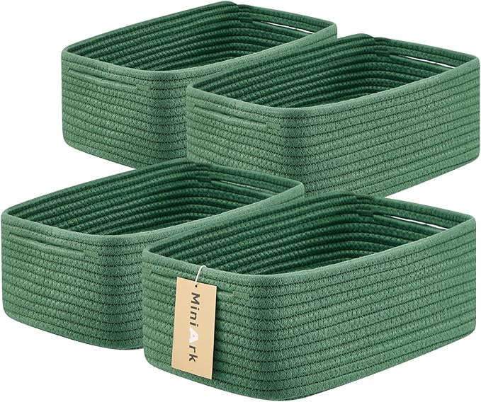 Small Storage Baskets for Organizing | Closet Organizer Bins | Shelf Toy Basket | Woven Rope Baskets | Cube Decorative Box | Shallow Basket | 13x8.5x5.1” | 4 Packs Green-Ruum Studio Home