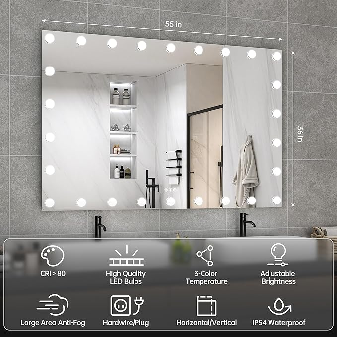 Hasipu LED Bathroom Mirror with Lights, 55" x 36" Hollywood Wall-Mounted Bathroom Mirror with 26 Dimmable Bulbs, 3 Colors Modes, Touch Control, Anti-Fog, Memory Function, Shatter-Proof, ETL Listed-Ruum Studio Home