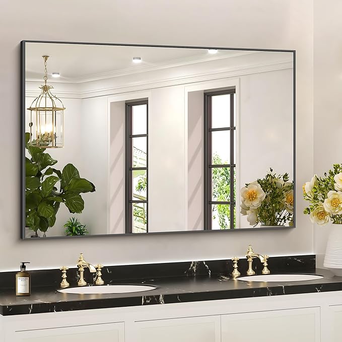 36x50inch Bathroom Mirror, Black Rectangle Mirrors with Thin Metal Frame, Large Rectangular Wall Mirror for Bathroom, Living Roomm, Hair Salon, Big Farmehouse Mirror Hang Horizontal/Vertical-Ruum Studio Home