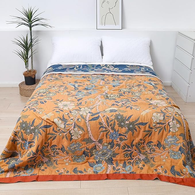 Snycler Boho Throw Blanket for Bed - 100% Cotton Ultra Soft Rustic Quilt Blanket Orange Bird Floral Printed Farmhouse Decor Bed Blankets, 60"×80" All Season Rustic Throw for Sofa Couch Chair-Ruum Studio Home