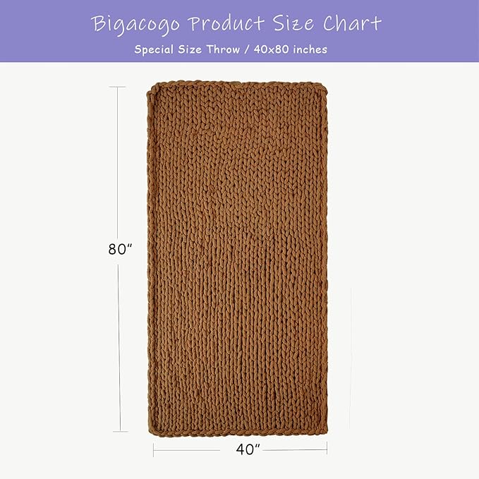 Bigacogo Chunky Knit Throw Blanket for Couch, 40x80 inches, 100% Hand Knitted with Thick Jumbo Chenille Yarn, Cozy Soft Large Rope Knot Cable Crochet Blankets for Sofa Bed Living Room, Caramel-Ruum Studio Home