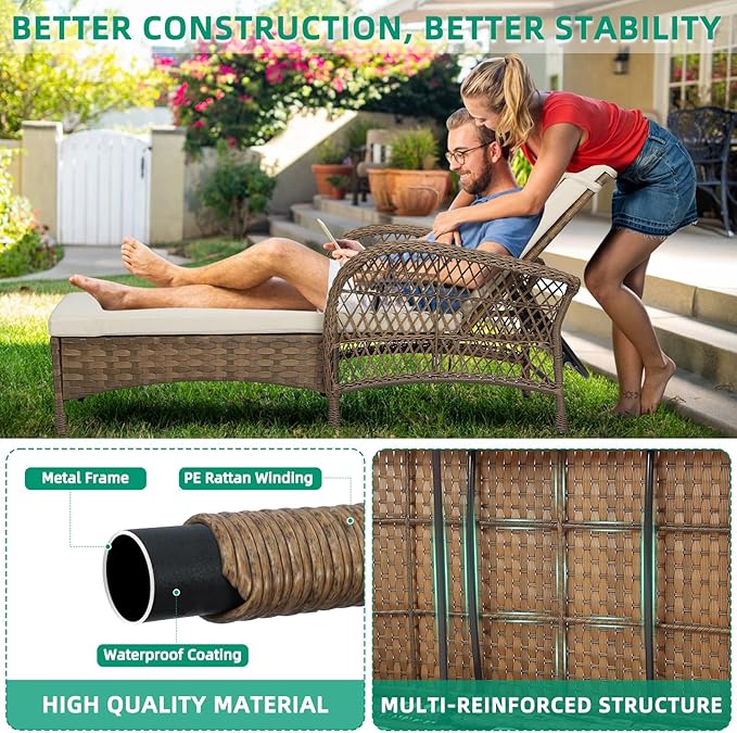 VIVIJASON Outdoor Wicker Chaise Lounge Chair, All-Weather PE Rattan Cushioned Patio Lounger Set with Side Table, 6-Position Adjustable Outside Pool Sunbathing Recliner with Armrest & Pillow, Beige-Ruum Studio Home