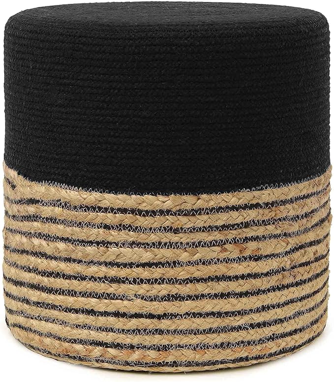 REDEARTH · Cylindrical Pouf Ottoman - Braided Pouffe Accent Sitting Round Footrest for Living Room, Bedroom, Nursery, kidsroom, Patio ; 70% Cotton 30% Jute, Set of 2 (14.5x14.5x16; Black Natural)-Ruum Studio Home
