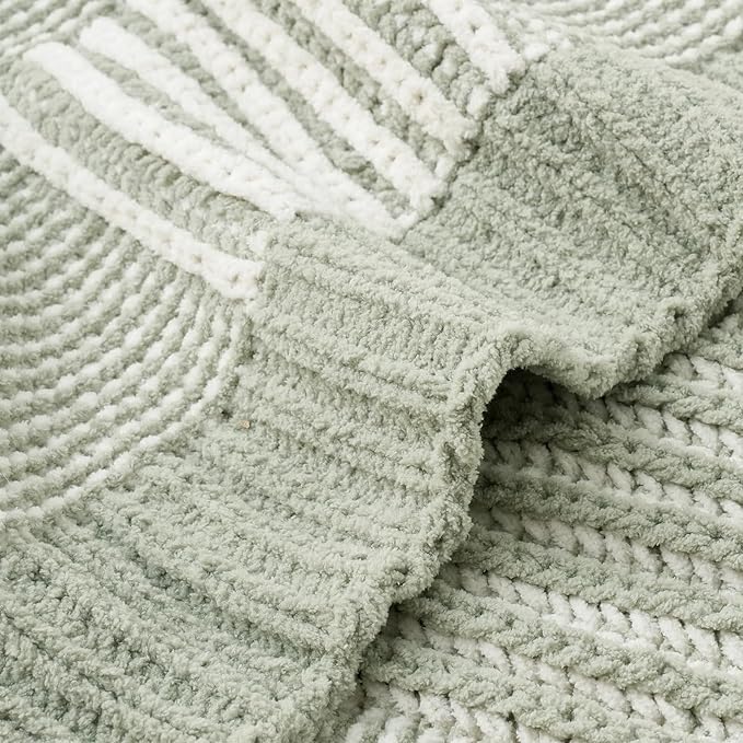 Amélie Home Chenille Knit Throw Blanket for Couch, Checkered Texture Decorative Soft Blanket for Sofa, Bed & Living Room, 50"x60", Sage Green & White-Ruum Studio Home