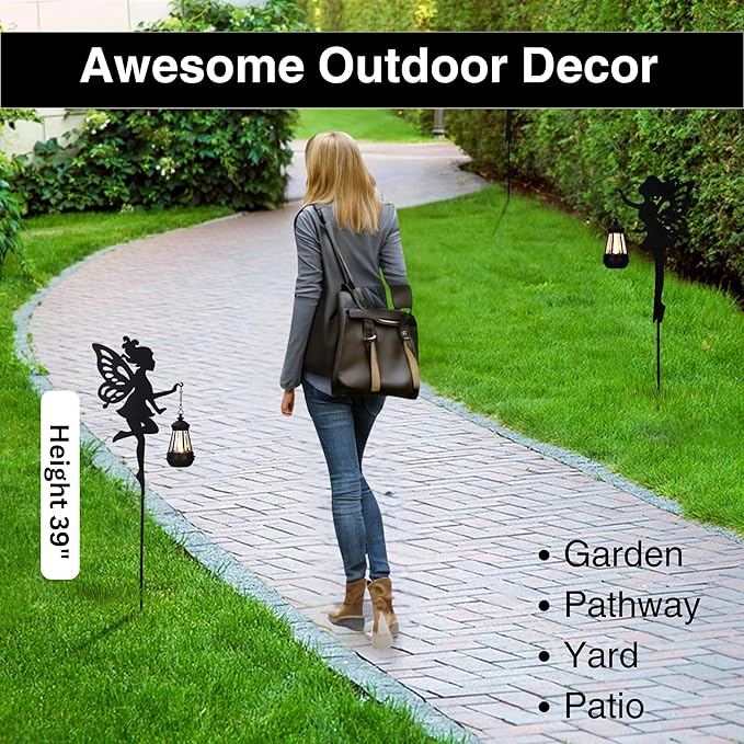 Fairy Garden Accessories Lawn Ornaments 1 Pair - Solar Lights Halloween Decorations Outdoor Garden Statue, Metal Stakes Decorative Figurines for Yard Decor, Patio (Type A Color-Shifting Lighting)-Ruum Studio Home