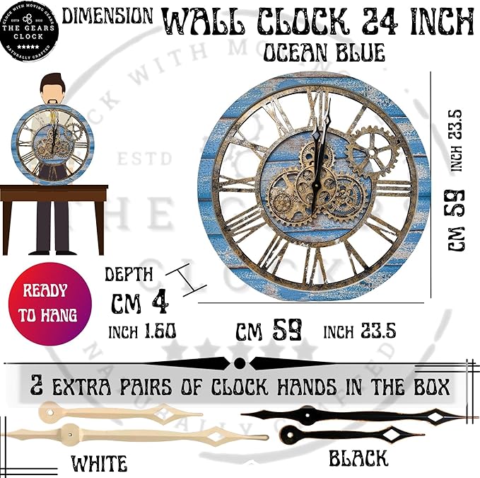 The Gears Clock The Original Real Moving Gear Wall Clock Vintage Industrial Oversized Rustic Farmhouse (24 inch (60cm), Vintage Ocean Blue and Bronze)-Ruum Studio Home