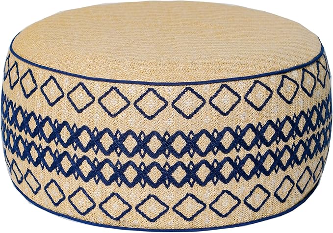 Outdoor Inflatable Ottoman with Air Pump, Embroidery Patio Footrest Stool D21”x H9”, Round Pouf Ottoman with Portable Handle Suitable for Garden, Camping, Bedroom, Living Room-Ruum Studio Home