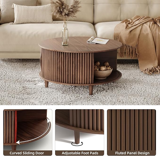 Round Coffee Table with Storage,Fluted Center Table with Sliding Cabinet Door for Living Room,Home Small Space,31.5" Small Center Table,Walnut-Ruum Studio Home