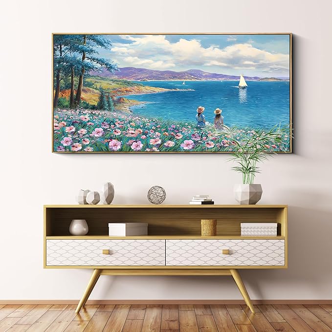 XLSJERST Large Landscape Wall Art - Blue Ocean Pink Flower Sailboat Mountain Tree Decor Orange Frame Artwork for Wall Large Picture for Living Room Bedroom Home Office Wall Decoration Size 29x58-Ruum Studio Home