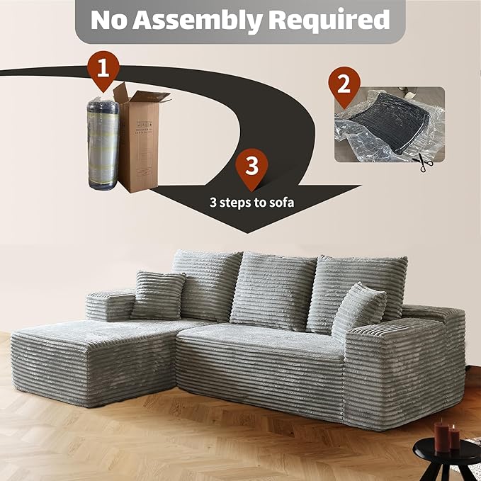 HYJT-H&K Modular Sectional Sofa Cloud Couch, 107" Comfy L Shaped Sectional Couches for Living Room, Deep Seat Memory Foam Plush Fluffy Corduroy Boneless Couch Sectionals Left Facing Sofa Chaise Grey-Ruum Studio Home