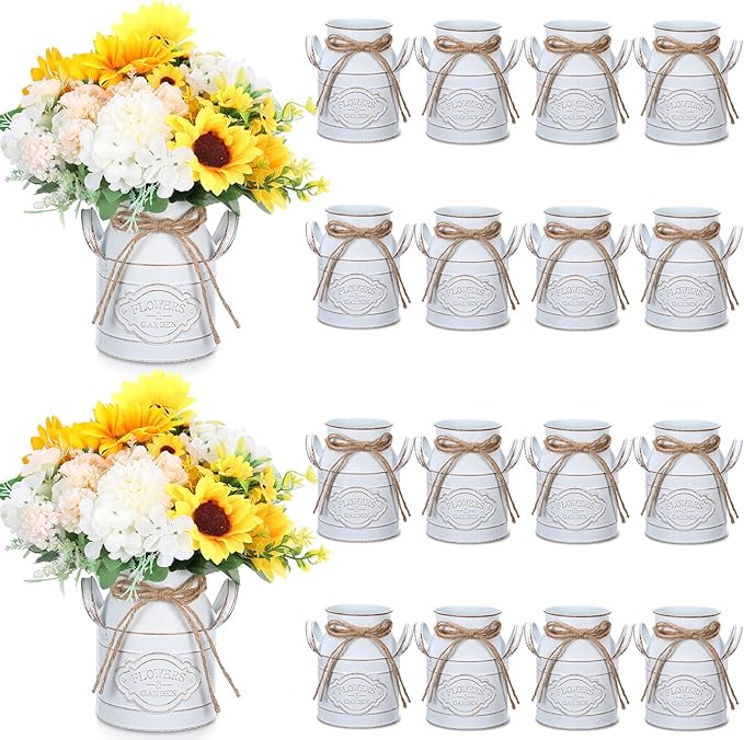 6 Inch Farmhouse Vase Decor Milk Can Vintage Flower Jug Galvanized Metal Vase with Handle Rustic Flower Buckets for Thanksgiving Christmas Table Centerpiece Weddings Gifts(Retro White,16 Pcs)-Ruum Studio Home