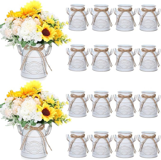 6 Inch Farmhouse Vase Decor Milk Can Vintage Flower Jug Galvanized Metal Vase with Handle Rustic Flower Buckets for Thanksgiving Christmas Table Centerpiece Weddings Gifts(Retro White,16 Pcs)-Ruum Studio Home