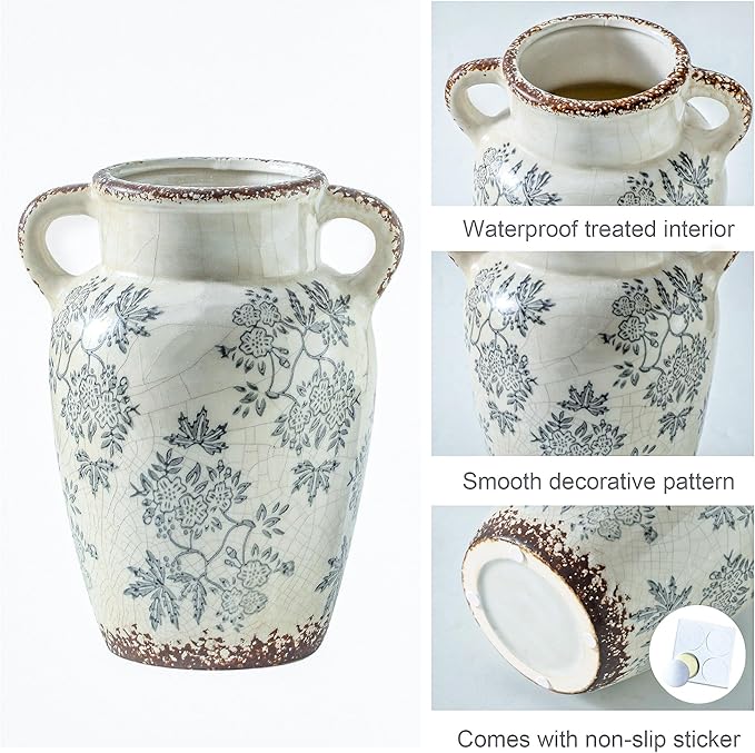 Enra Vintage vase with Handle,9.4 inch Blue and White Ceramic Decorative Flower vase, Chinoiserie Floral Vase,Large Rustic Vases for Home Decors, Living Room, Bookshelf, Office-Ruum Studio Home