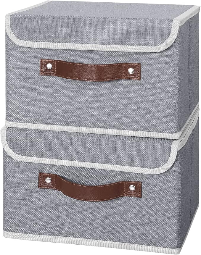 ANMINY 4PCS Storage Bins with Lid PU Leather Handles Storage Boxes PP Plastic Board Decorative Foldable Lidded Cotton Linen Fabric Home Cubes Baskets Closet Organizer Containers - Gray, Small Size-Ruum Studio Home