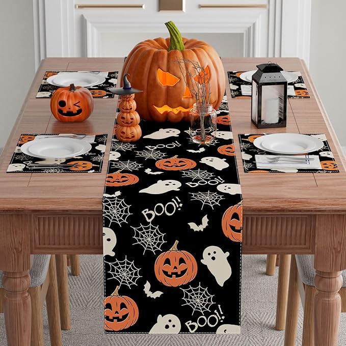 XCHI Boo Spooky Ghost Pumpkin Halloween Table Runner Burlap Table Decoration for Home Kitchen Dining Dinner Indoor Holiday Farmhouse Decor 13x90 Inch-Ruum Studio Home