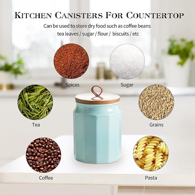 Canister Sets for Kitchen, Kitchen Canisters for Countertop with Airtight Wood Lid, Ceramic Food Storage Containers and Sugar Container for Coffee, Flour, Tea, Candy, Cookie, Spice-Ruum Studio Home