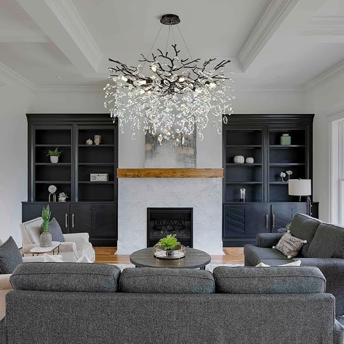 Modern Black Crystal Tree Branch Chandelier, 10-Light 30" Black K9 Crystal Chandeliers for Dining Room, Round Chandelier for Living Room,High Ceiling,Kitchen Island,Foyer,Staircase-Ruum Studio Home