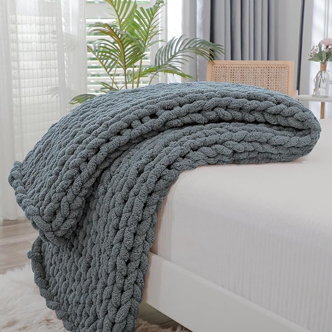 Bigacogo Chunky Knit Throw Blanket for Couch, 40x60 inches, 100% Hand Knitted with Thick Jumbo Chenille Yarn, Cozy Soft Large Rope Knot Cable Crochet Blankets for Sofa Bed Living Room, Iron Gray-Ruum Studio Home